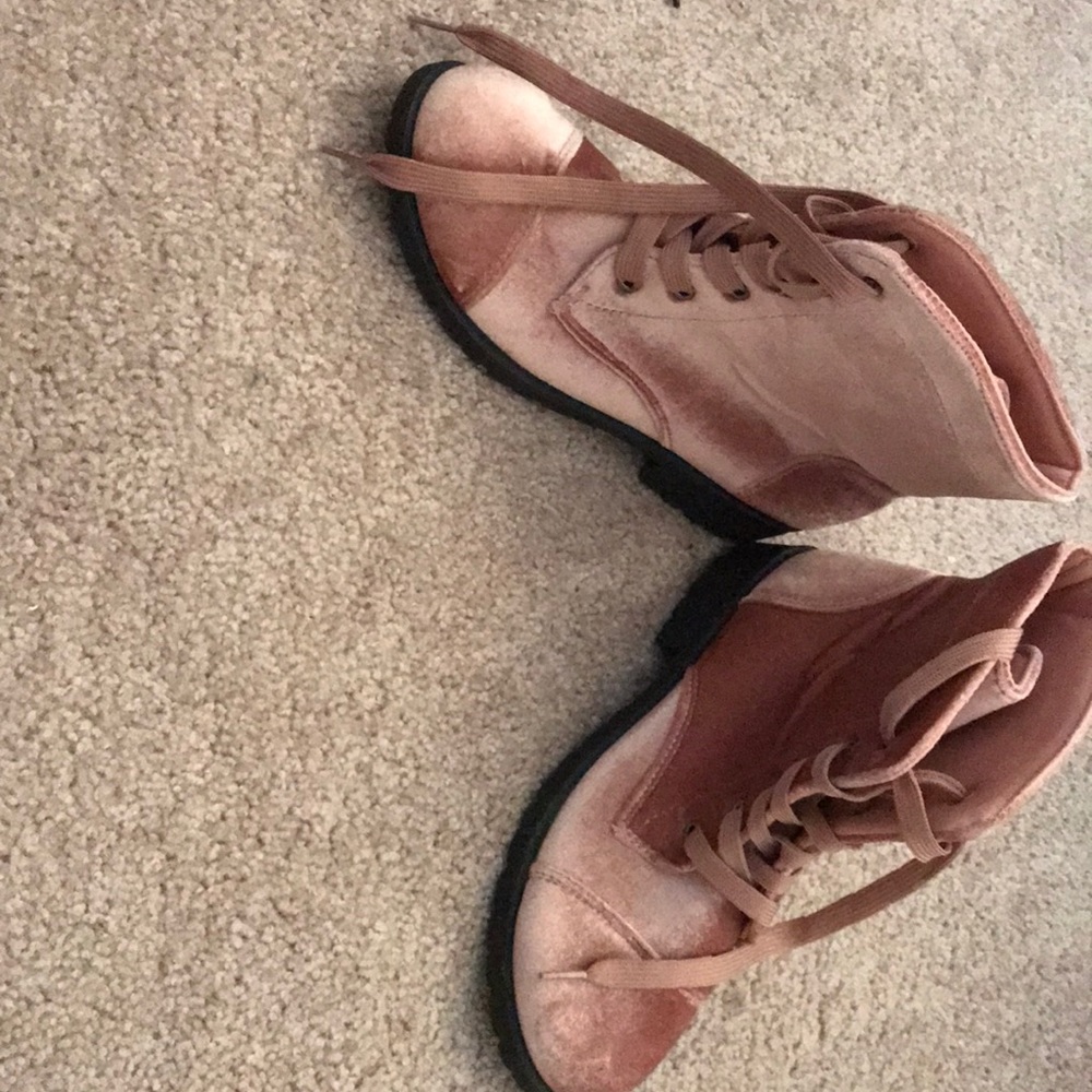 Pink velvet combat boots